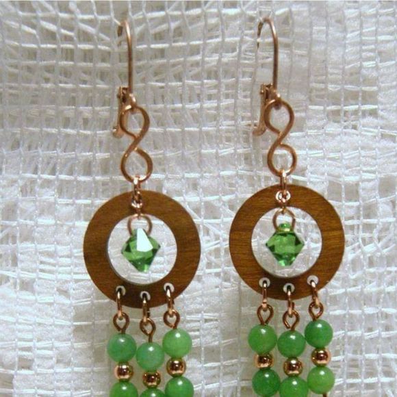 Handmade Green Agate, Copper, & Crystal Chandelier Wooden Dangle Earrings - Picture 3 of 5
